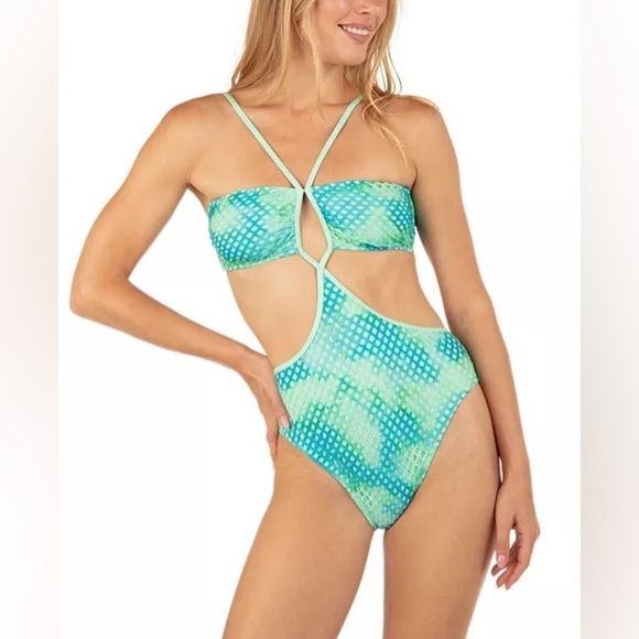 NWT Hurley Color Wash Cutout One Piece Swimsuit Size Small Blue Green Tie Dye - Picture 1 of 7